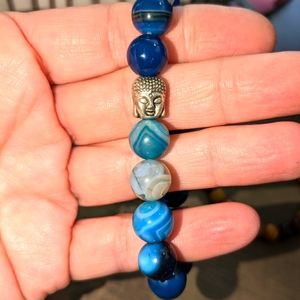 Blue Lace Striped Agate Stretchy bracelet with a silver Buddha 7mm